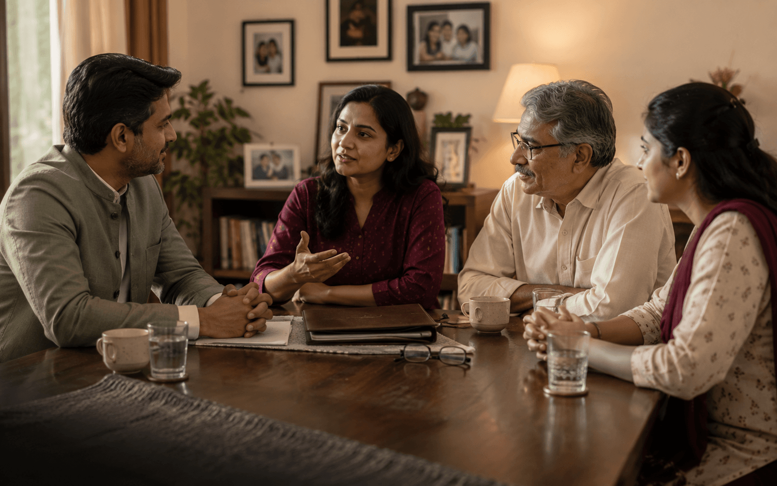 Insurance advisor discussing long-term protection with an Indian family