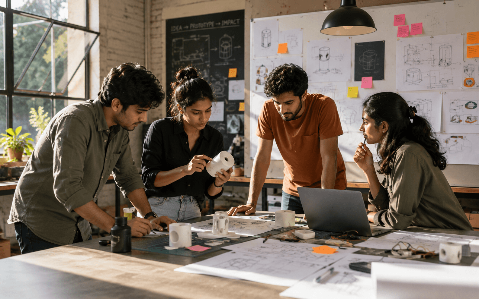 Startup team collaborating on a product prototype