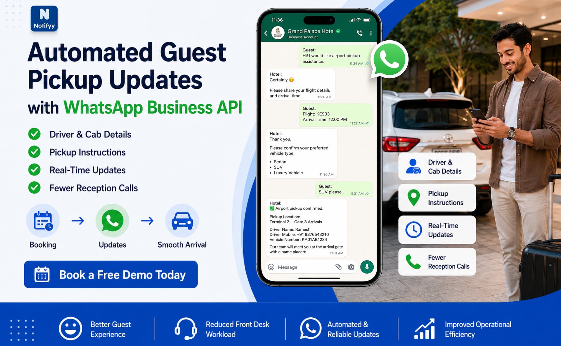 Hotel transportation and airport pickup details shared on WhatsApp