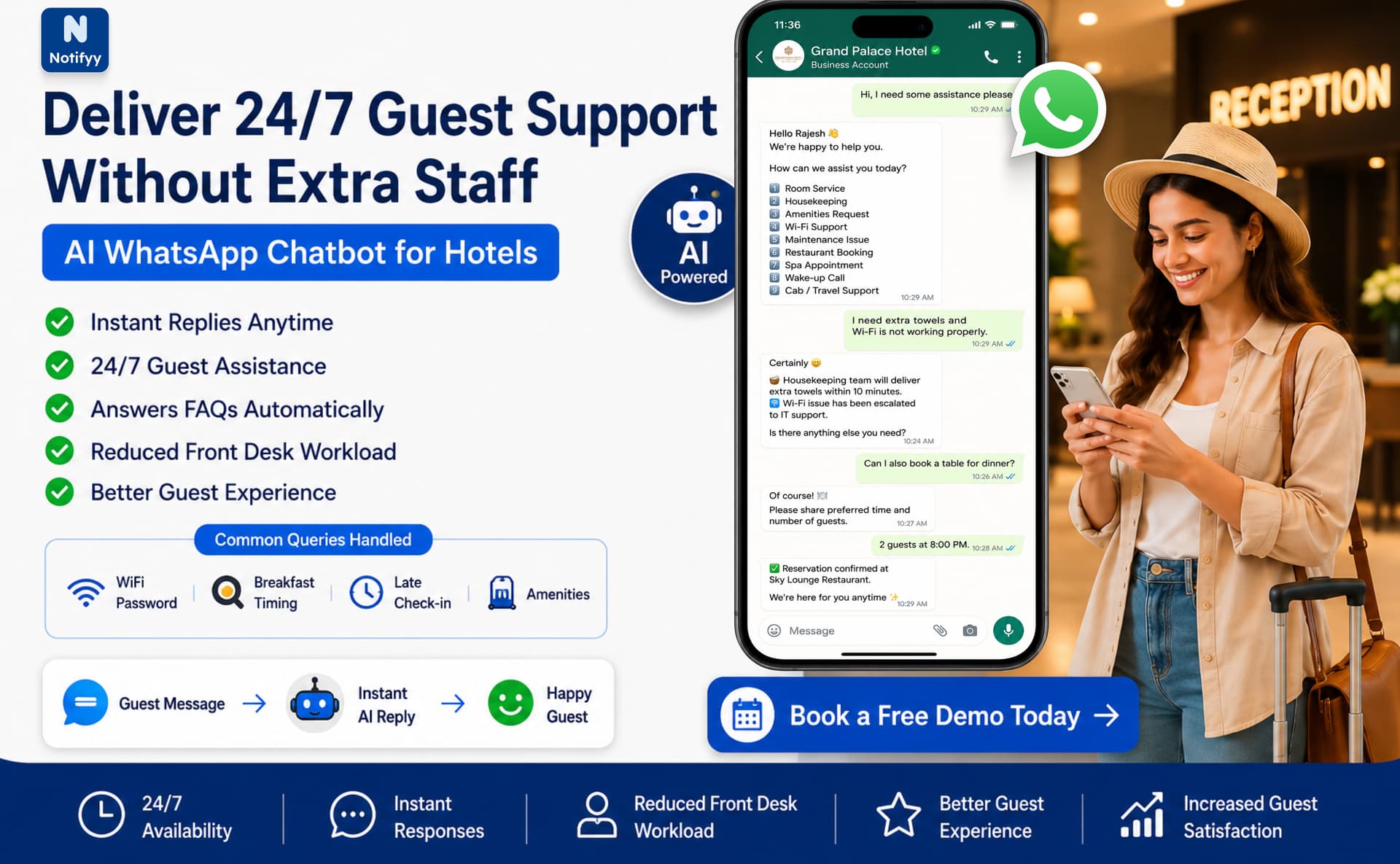 Automated WhatsApp review request sent to a hotel guest after checkout